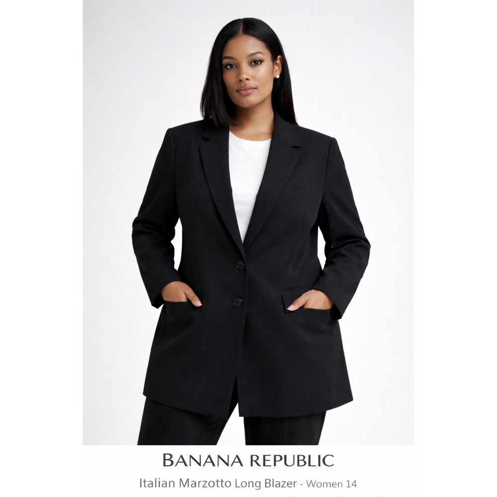 Banana Republic Italian Marzotto Long Blazer Women 14 Wool Black Quiet Luxury